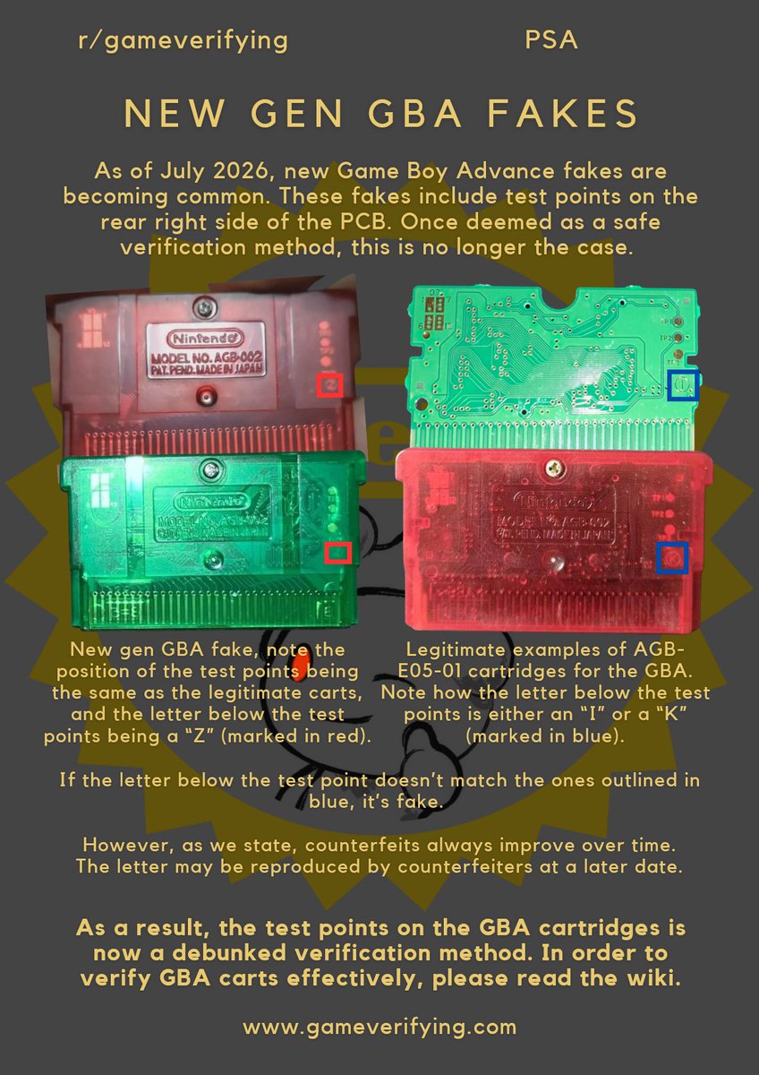 Frontzie's tweet photo. Be warned, new gen GBA fakes are on the market as of July 2026. 

#gameboy #pokemonㅤㅤㅤ https://t.co/Yz2VeNiTjI
