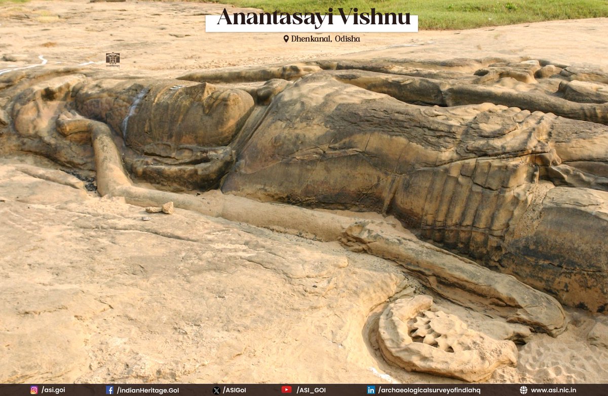 ASIGoI's tweet photo. The colossal rock-cut image of Anantasayi Vishnu is located at Saranga in Dhenkanal district, Odisha, on the left bank of the Brahmani River.

Carved in high relief on an exposed rock outcrop, it is noteworthy for its grand scale and is regarded as the largest rock-cut image of Anantasayi Vishnu in a reclining posture in the country.

Based on its iconography and the design of the crown, the sculpture is dated to the late Bhaumakara period, around the 9th century CE.

 It is richly ornamented and is distinctive for being depicted without the traditional serpent hood. Features such as the pointed chin, prominent nose, and the kiritamukuta (crown) further reflect the artistic style of the period.