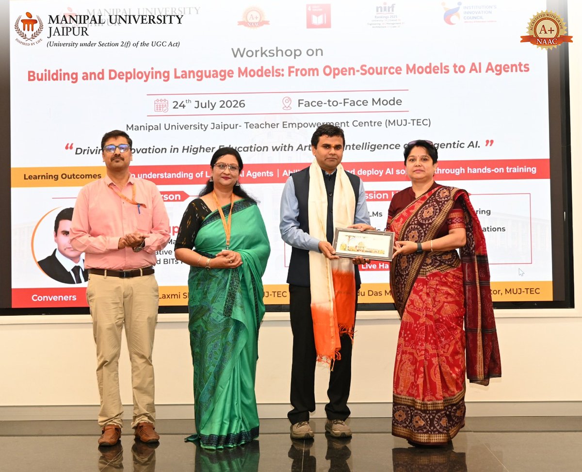 Jaipur_Manipal's tweet photo. MUJ-TEC successfully concluded its hands-on workshop on Building &amp; Deploying Language Models, empowering faculty with cutting-edge AI, LLM, and Agentic AI skills for the future of higher education.

#MUJ #MUJTEC #AI #AgenticAI #FacultyDevelopment https://t.co/htMTS7TiVT