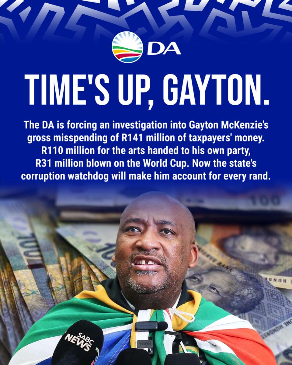 Our_DA's tweet photo. 🚨 Taxpayers deserve answers Gayton! 🗣️

The DA has forced an investigation into allegations of gross financial mismanagement involving Gayton McKenzie. Public money must serve South Africans, not political interests. 

Accountability starts now. 💙🇿🇦

🗳️Not sure if you’re correctly registered to Vote? Check here: https://t.co/jpeFtxOwqE