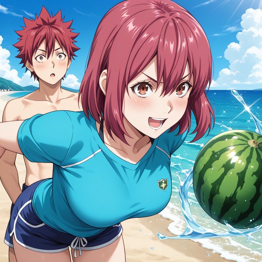 Kerberosron2's tweet photo. Good evening.
Here are the links to today’s illustrations—please take a look. The theme is “Watermelon.”
These aren’t depictions of the traditional watermelon-smashing game, but I’ve included two different designs.

I wonder if the beaches are crowded…? I’m an indoor person who hasn’t been to the beach in decades, so I’m not sure, but please be careful not to get heatstroke.

#Foodwars
#anime