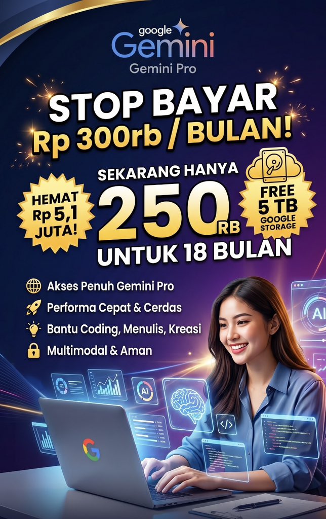 devviyah's tweet photo. Stop bayar 300k/bulan, kalo bisa dapet 250k 18 bulan.

✅ Google gemini pro
✅ Private account (bukan sharing / family)
✅ Free 5 TB storage

⚠️ harga normal 18 bulan = Rp 5,5 juta ! slot terbatas, pesan sekarang sebelum kehabisan

#gemini #freegemini #ai https://t.co/YQ5lGs0wXh