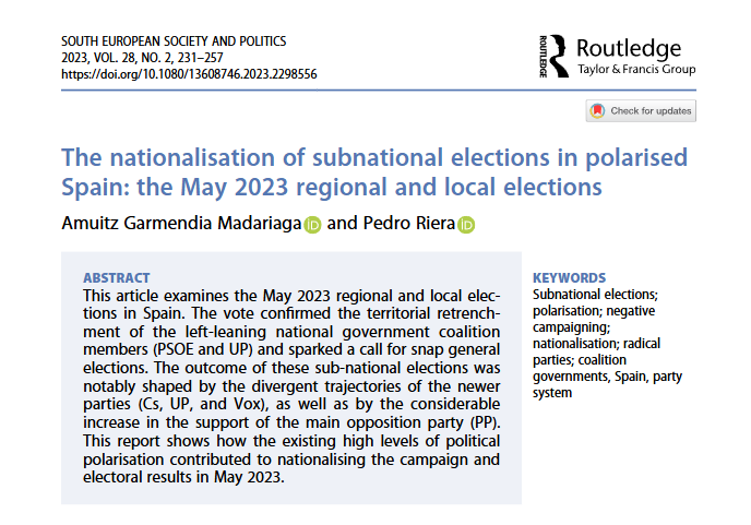 sesp_j's tweet photo. 📚 In our Collection on The #RadicalRight 🇪🇸

The nationalisation of subnational elections in polarised Spain: the May 2023 regional and local elections

🆓Read the article by @amuitzgarmendia &amp; @RieraPedro👇 
https://t.co/B6XsEKQex3 https://t.co/mRI67yI3VH