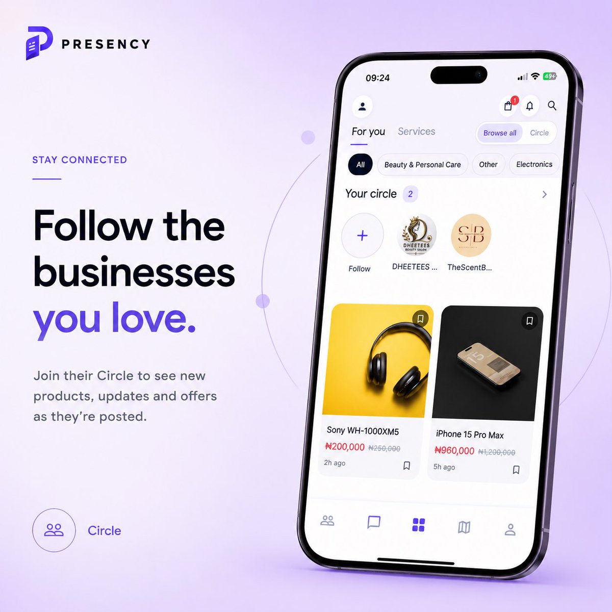 presencyltd's tweet photo. The wait is over.
Presency Mobile is here.
Built for customers to discover.
Built for businesses to be discovered.
Publish once, be discovered on the web and app.
Now on the App Store & Google Play. Download today. #Presency #PresencyMobile https://t.co/jOpei9jrVC