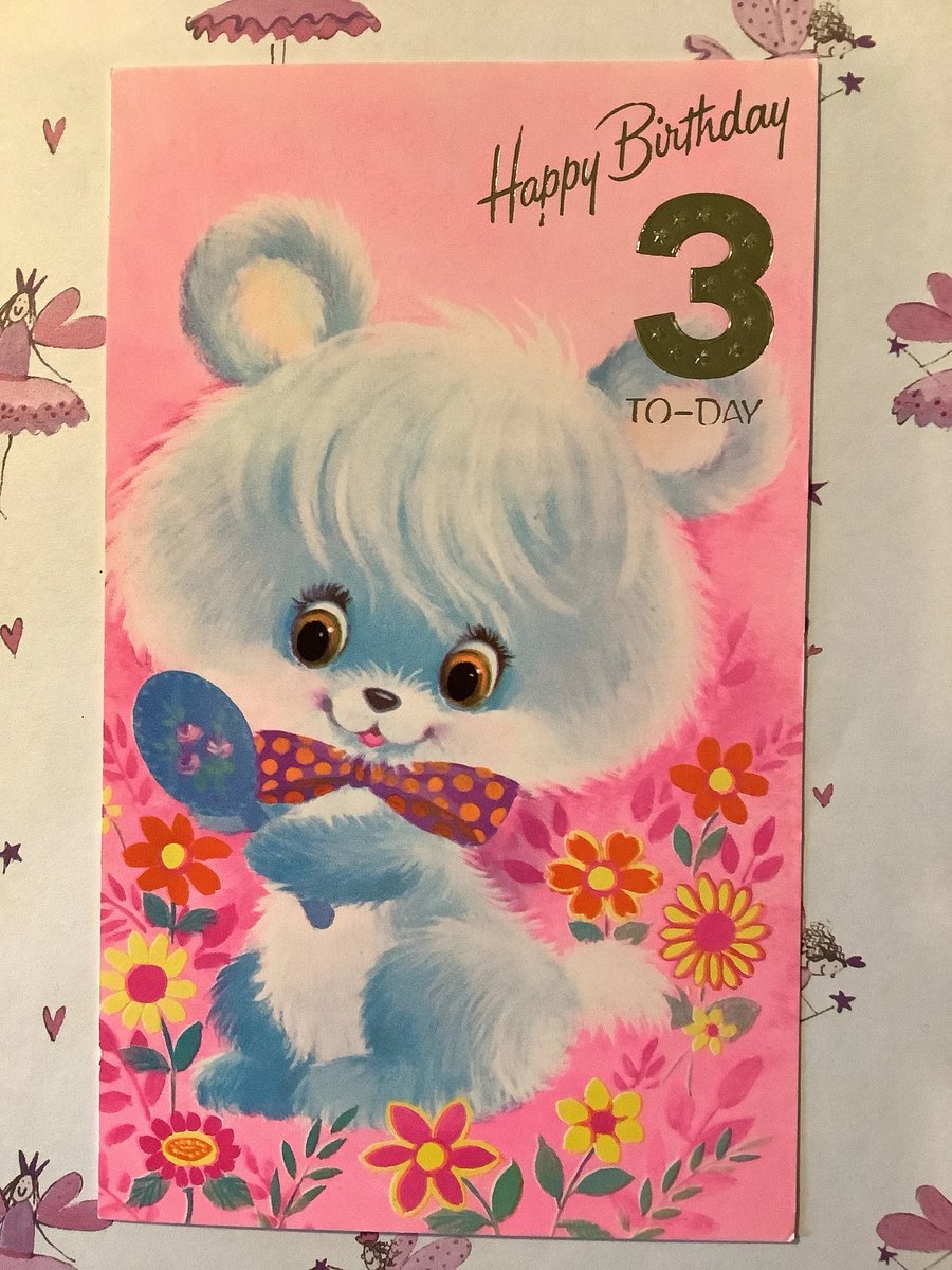 WatsonsVintage's tweet photo. ONLY TWO LEFT NOW! RARE Vintage Circa 1970s 'Happy Birthday 3 Today' Card - ADORABLE Kitsch Bear & Funky Floral Design -Sweet Greeting Inside - Card To Treasure https://t.co/UUNLS2Uxes via @Etsy #VintageCards #BirthdayCards #3rdBirthday #Kitsch #Retro #70sArt #FunkyCards https://t.co/0rBHMex7Lg