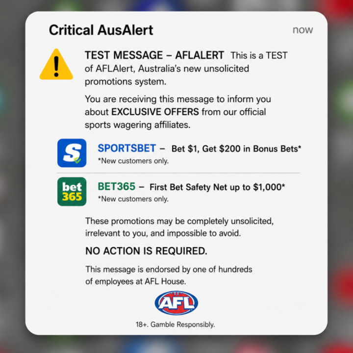 MemesAFL's tweet photo. When the AFL gets access to the Australian Government’s emergency alert system. https://t.co/O8g4ewmuxa