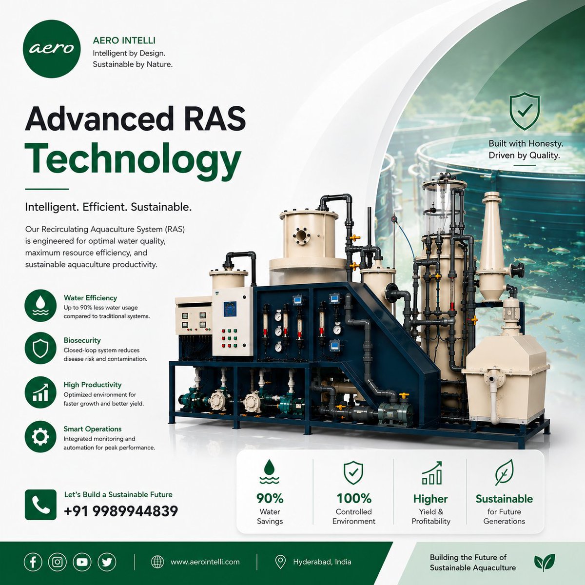 aerointelli's tweet photo. India's future in aquaculture won't be built by increasing water consumption—it will be built through smarter engineering.

At Aero Intelli, we're developing advanced Recirculating Aquaculture Systems (RAS) that help farmers produce more fish with significantly lower water usage, better biosecurity, consistent water quality, and intelligent automation.

As India works toward strengthening food security, rural livelihoods, and sustainable agriculture, we believe modern aquaculture infrastructure can become a key driver of economic growth and environmental responsibility.

We are committed to building scalable, reliable, and technology-driven solutions that empower farmers, support entrepreneurship, and contribute to the nation's blue economy.

We welcome opportunities to collaborate with government agencies, research institutions, investors, strategic partners, and aquaculture professionals who share this vision of creating a more sustainable future.
Together, let's shape the next generation of Indian aquaculture.

🌐 https://t.co/dLTsCXtyuF⁠
📞 +91 9989944839

#aerointelli #ras #aquaculture #blueeconomy #india #aqua #sustainablefarming #agritech #innovation #makeinindia #futureaqua #futureindia #foodsecurity #aquafarmers