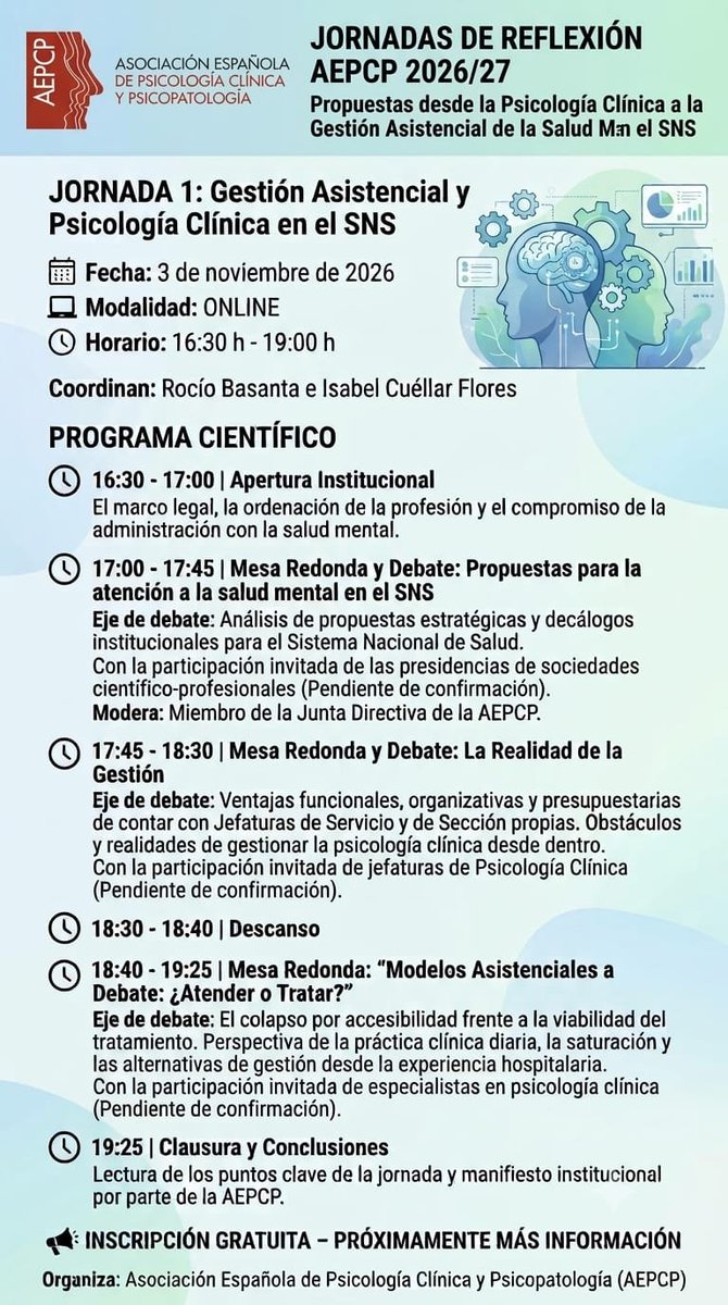 Lono_Harvest's tweet photo. 📣 Presentamos la Primera Jornada de Reflexión AEPCP sobre gestión asistencial y #PsicologíaClínica en el SNS.
📅 3 de noviembre
💻 Online
📝 Inscripción gratuita
#AEPCP #SaludMental https://t.co/6CS3DOFBm4