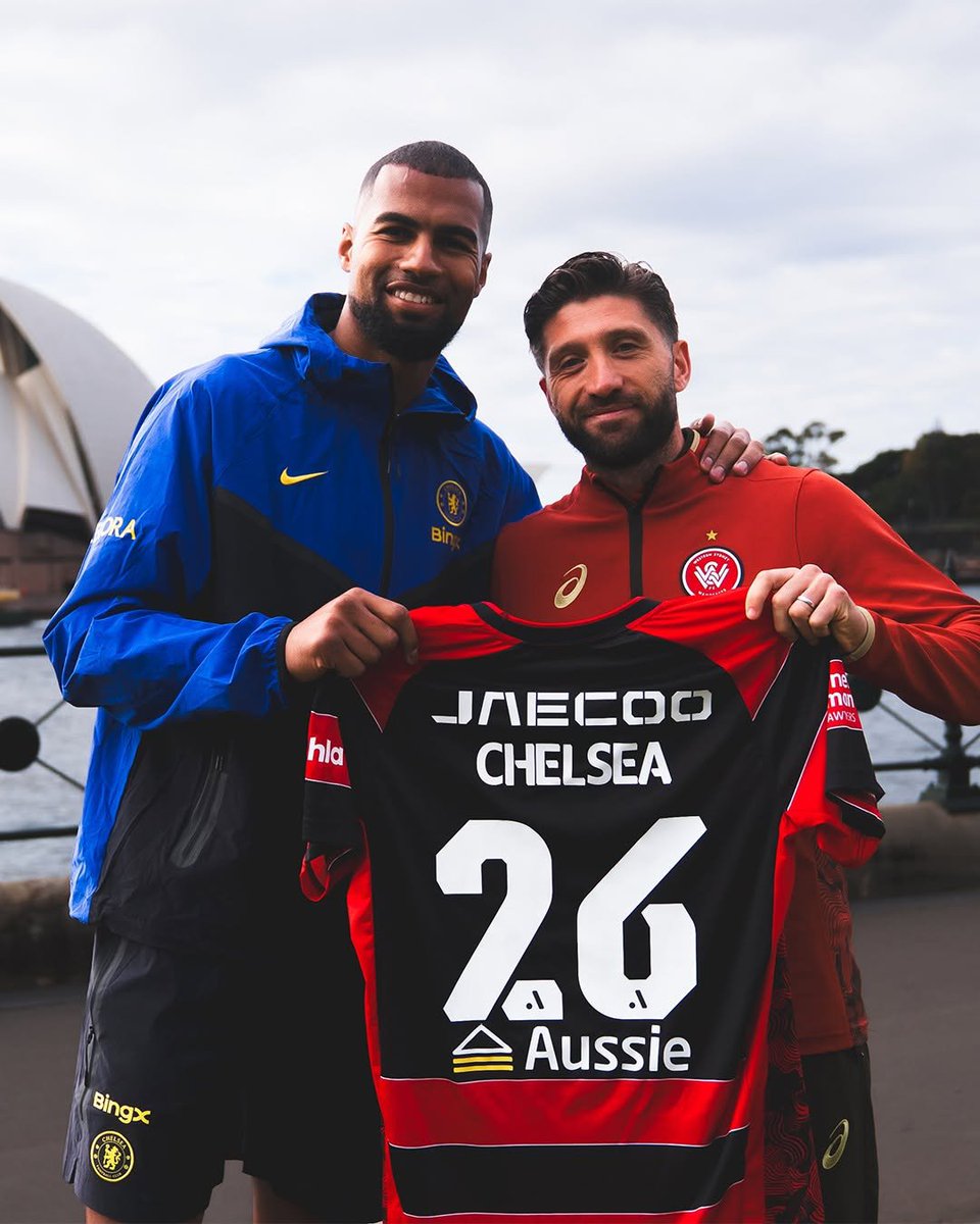 Hetch608469501's tweet photo. Chelsea defender Trevoh Chalobah and Western Sydney Wanderers captain Marcelo came together at the iconic Sydney Opera House for a jersey exchange ahead of the 28 July 2026 Sydney Super Cup clash at Accor Stadium. https://t.co/OTnA4o0Izb
