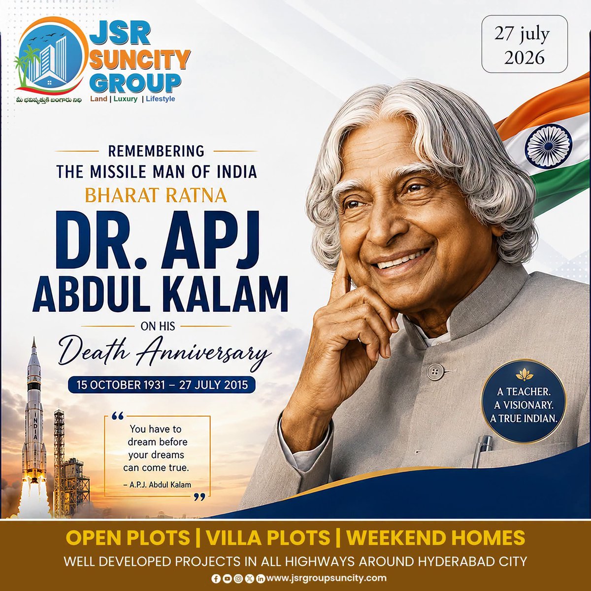 reach2pkishore's tweet photo. 🌹 Remembering Dr. A.P.J. Abdul Kalam 🇮🇳
Honoring the Missile Man of India—a visionary, teacher, and inspiration to millions. His dreams continue to guide our nation.
📞 9014044515 /9346134019. 
#APJAbdulKalam #RememberingKalam #MissileManOfIndia #JSRSuncity #India https://t.co/pwcMurvhXu