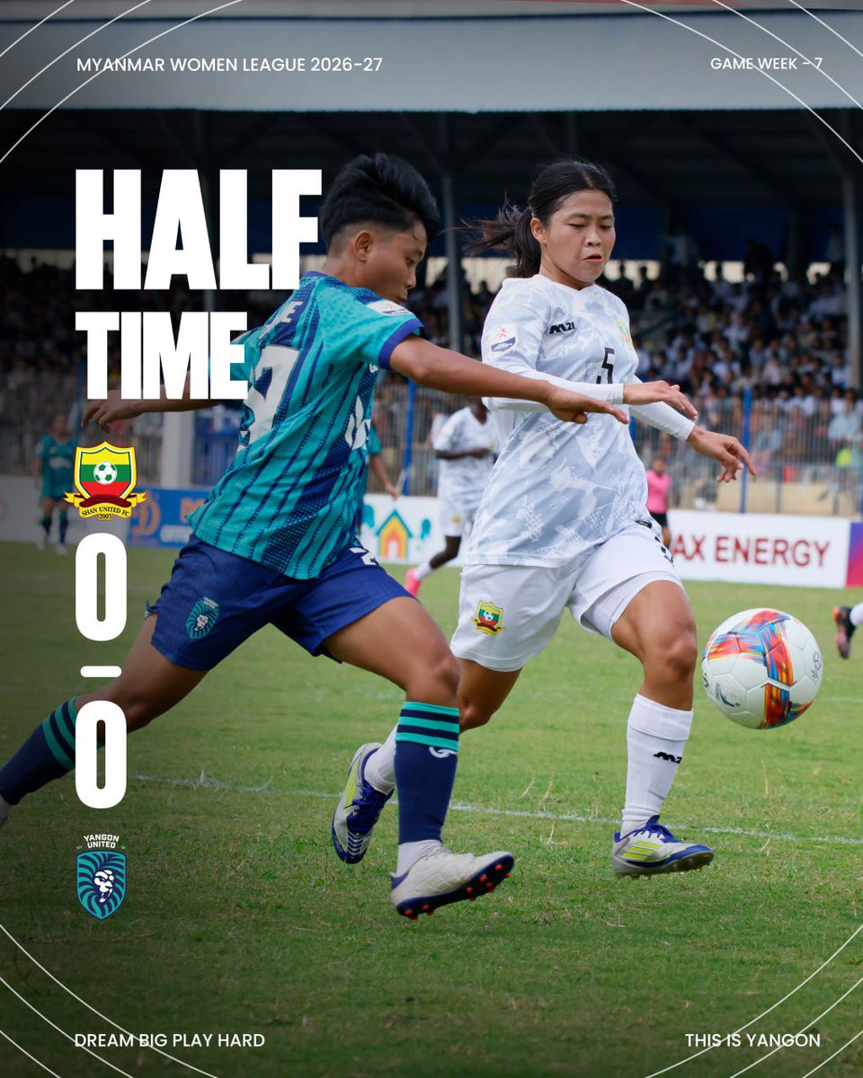 YangonUnitedFC's tweet photo. ပထမပိုင်းပြီးရလဒ် | 𝐇𝐚𝐥𝐟 𝐓𝐢𝐦𝐞 🟢🔵

Goalless at the break. 

#YUFC #Yangon #ThislsYangon #HomeOfYUFC #DreamBigPlayHard  #womenleague #matchday #SUFCvYUFC #Halftime #glorysports https://t.co/8ytMV06UMU