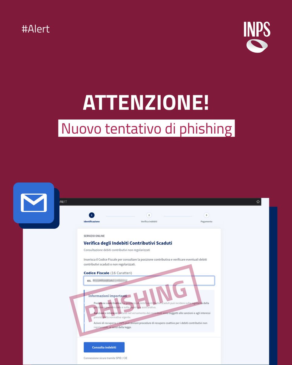 INPS_it's tweet photo. ⚠️Nuovo tentativo di truffa tramite mail con l'URL:
🔴hxxps[://]inpsvd[.]cfd/IT
Non cliccate e non fornite dati!
@AgidCert https://t.co/7BmmPy4cmC