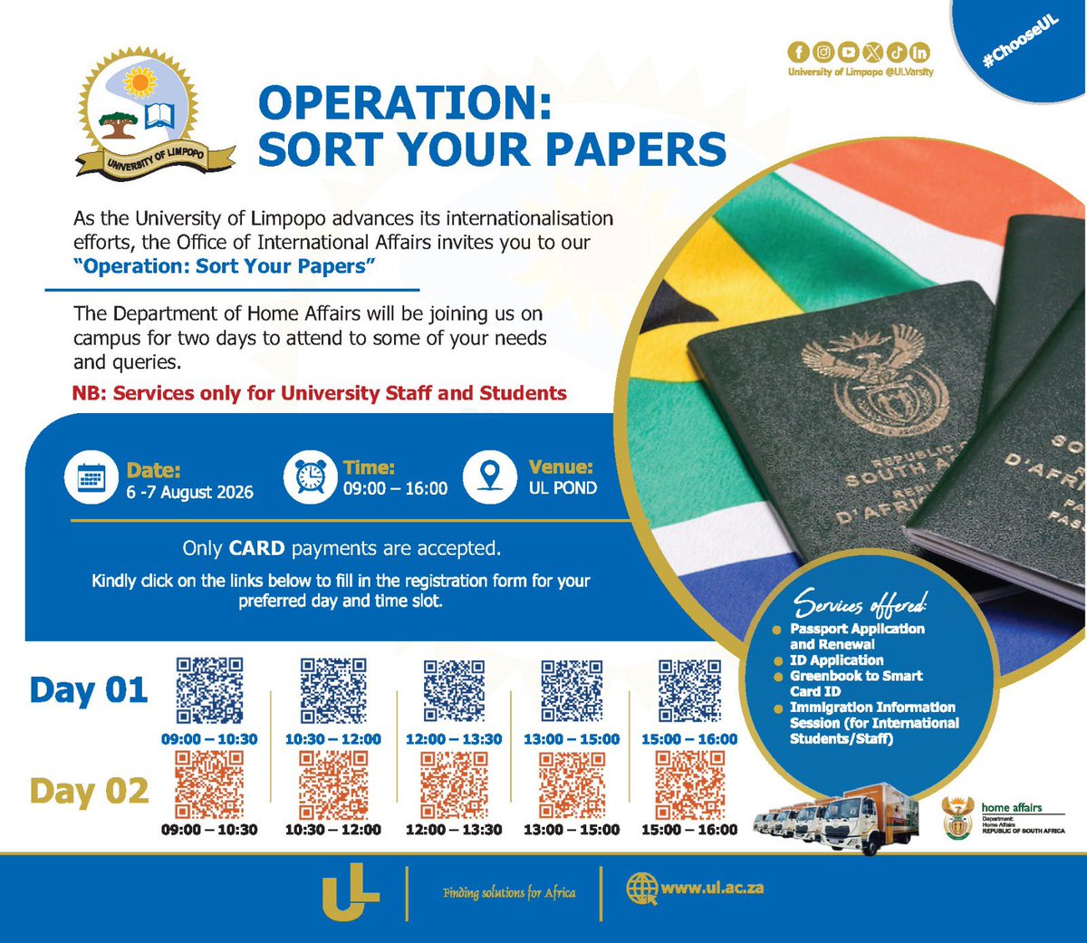 ULvarsity's tweet photo. 𝐎𝐩𝐞𝐫𝐚𝐭𝐢𝐨𝐧: 𝐒𝐨𝐫𝐭 𝐘𝐨𝐮𝐫 𝐏𝐚𝐩𝐞𝐫𝐬

As the University of Limpopo continues to advance its internationalisation efforts, the Office of International Affairs invites all University of Limpopo staff and students to Operation: Sort Your Papers. The Department of Home Affairs will be on campus from 6–7 August 2026 to provide selected services, assist with documentation needs, and respond to Home Affairs-related queries. 
#ULEvents2026 #ChooseUL #IAmUL #HomeAffairs