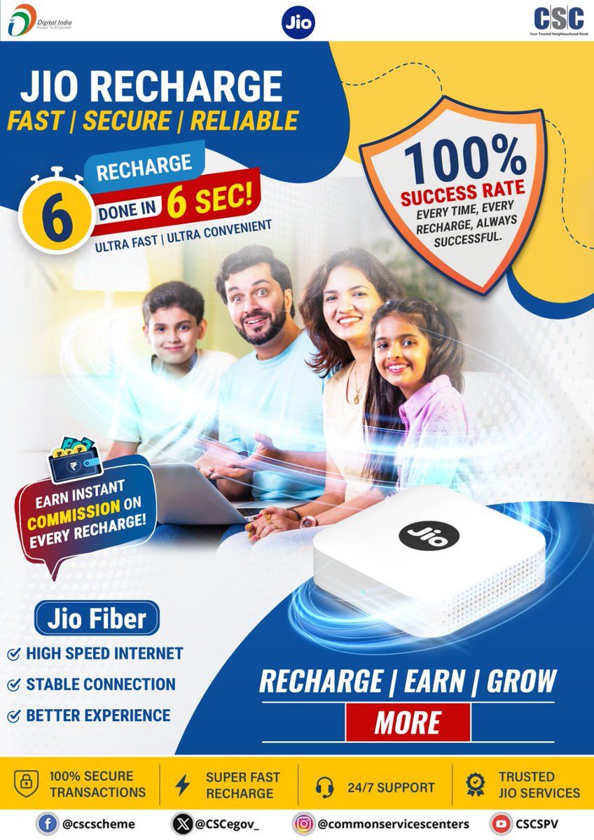CSCegov_'s tweet photo. Reliance Retail Ltd. Jio Recharge Service through CSC...

👉JioHome Fiber booking service has been started.
👉100% success ratio and recharge completed within 6 seconds.

Stay tuned for more exciting Reliance offerings!
▸ SIM Leads
▸ Bharat Phone Sale Leads

#CSC #CSCMobileRecharge #DigitalIndia #RuralEmpowerment #MobileRecharge #CSCServices #CSCMobileServices #RelianceJio #JioRecharge