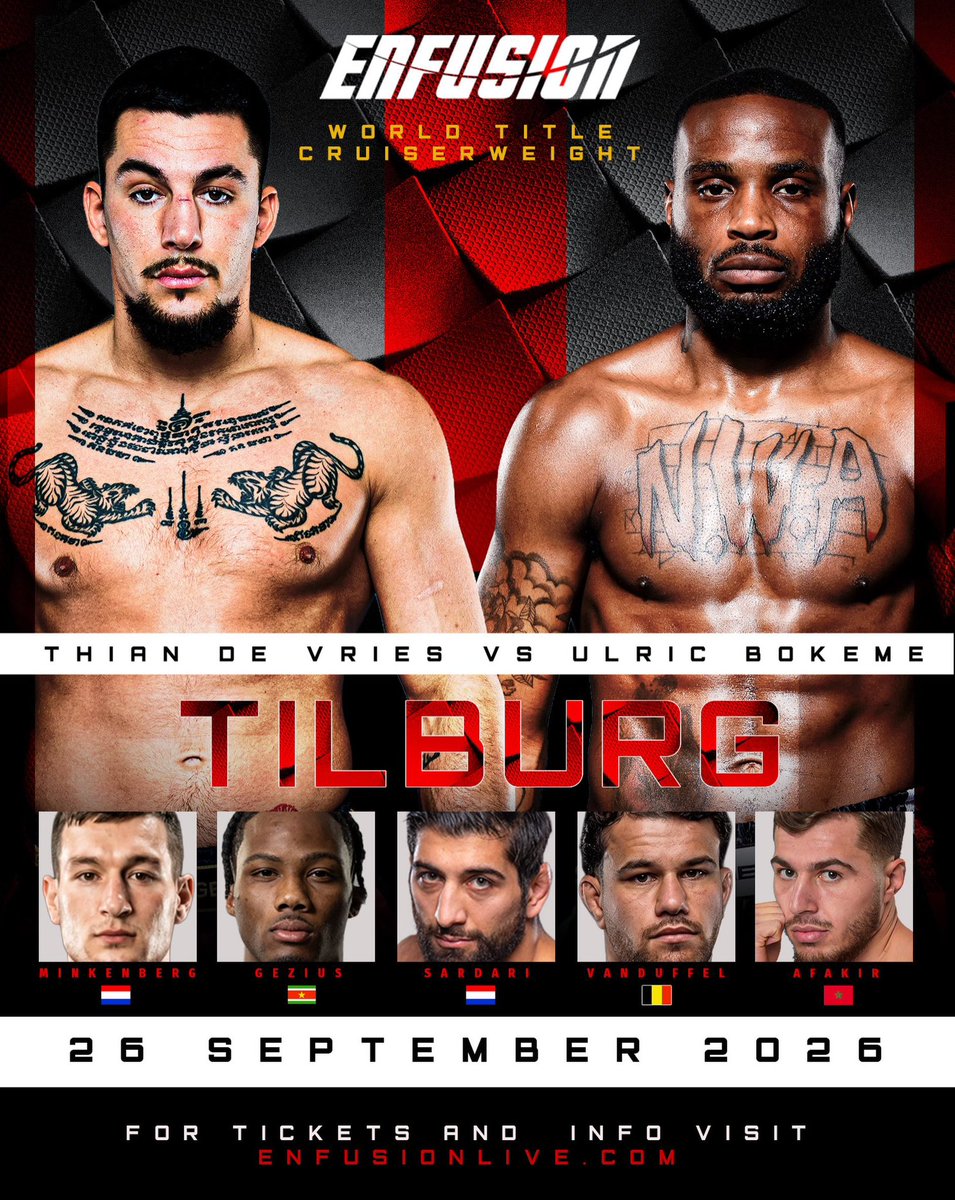 BloodsportBE's tweet photo. 🥊 Il va enfin affronter un boxeur de son niveau.

🇳🇱 Thian de Vries 🆚 🇨🇭 Ulric Bokeme

Un combat pour le titre 🏆, bien plus intéressant que tous ses précédents adversaires.

#EnfusionTilburg https://t.co/4jttIJ6IZt