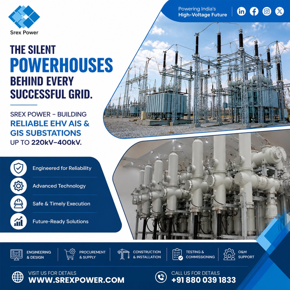 srexpowerindia's tweet photo. ⚡ Every reliable grid starts with a reliable substation. Srex Power delivers EHV AIS &amp; GIS Substation EPC Solutions up to 400kV &amp; Above, powering India's future with engineering excellence.#AIS #GIS #Substation #EPC #PowerInfrastructure #SrexPower #IndiaEnergy #HighVoltage https://t.co/S5UFLi9Qb8