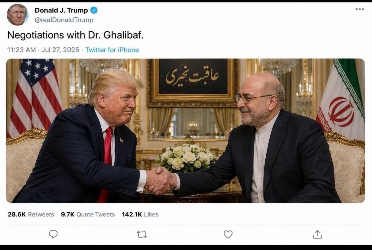 tayebii95's tweet photo. عکسی که از دکتر قالیباف ‌و ترامپ در کانال های سوپر انقلابی وایرال می شود فیک است؛ کمی وجدان ‌و سواد رسانه ای داشته باشید.

#سرباز_ایران https://t.co/tnvj1IkjKv