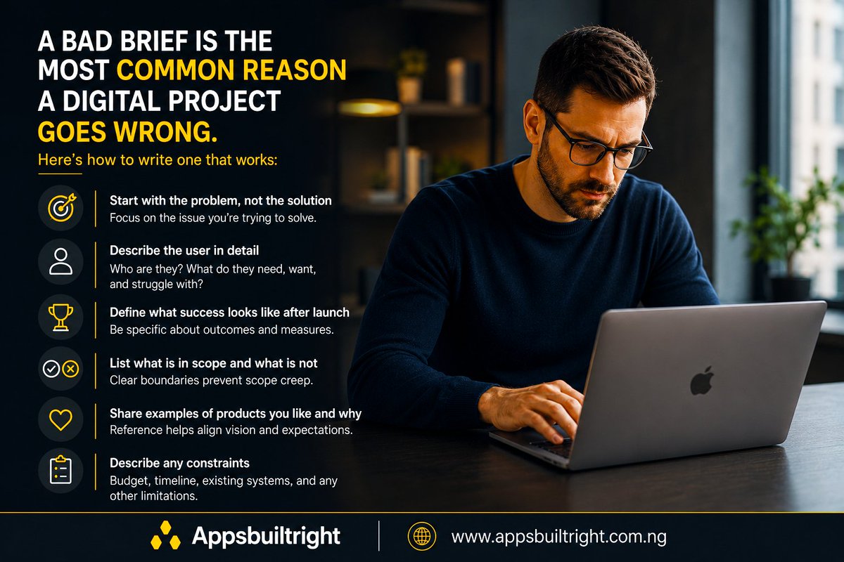 AppsBuiltRight's tweet photo. Bad briefs kill projects, not bad developers.

Better brief:
• Problem first
• Define users
• Set clear goals
• Out of scope
• Share references
• List constraints
Save this.
#AppsBuiltRight #AppDevelopment #WebDevelopment #StartupTips https://t.co/Mr3emivuKM