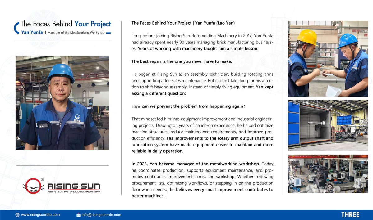 Rising_Sun_ROTO's tweet photo. The Third Story: Yan Yunfa, Manager of the Metalworking Workshop.
Behind every #rotomolding project, there are always people behind the process.
https://t.co/0YGCjmlDyt
#RISINGSUNROTOMOLDING
#ROTOMOLDING
#ROTATIONALMOLDING
#ROTOMOULDING
#PLASTICINDUSTRY https://t.co/r60sTrXACE