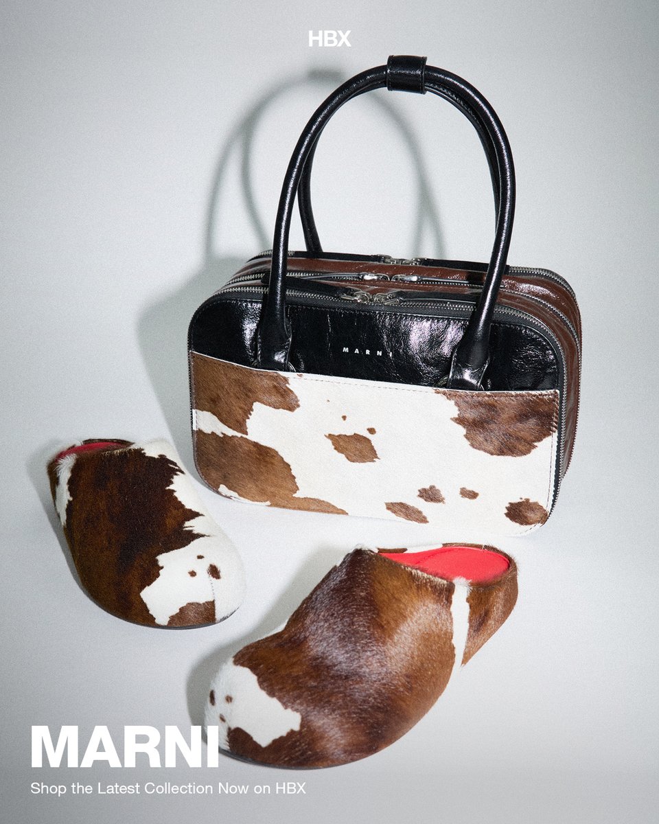 hbx's tweet photo. Milan's most recognizable luxury house makes its debut on HBX, bringing bold prints and unmistakable color to a range of bags, shoes and keychains.

Standout pieces lean into playful cow-print detailing, including the Leather Gathered Clutch, Cow Print Leather Small Boxyne Bag and Long Hair Calfskin Fussbett Sabo, each carrying Marni's signature eye for texture and detail.

Marni's debut collection available now at https://t.co/yOd3wWNwCC.

🔗 https://t.co/GN010pnq8D