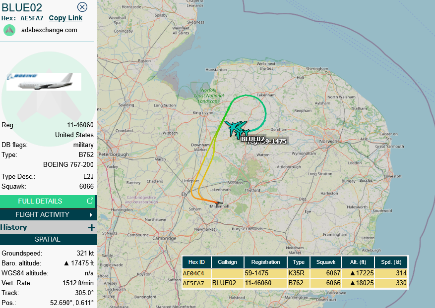 SirListenalot's tweet photo. #KC46 #BLUE02 &amp; #KC135 #BLUE03 out of Mildenhall picking up #F16's #RETRO51 https://t.co/ctLpTinKpy