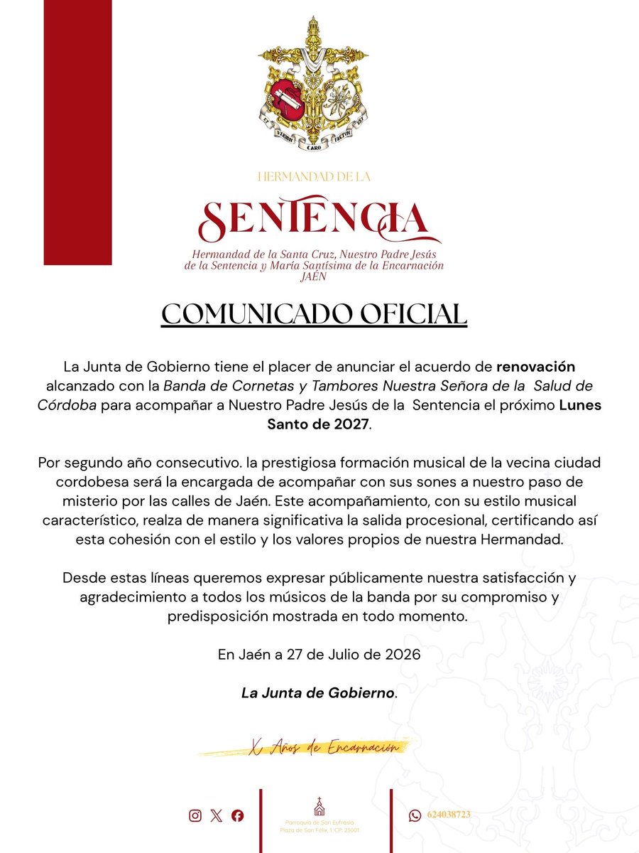 sentenciadejaen's tweet photo. 𝐂𝐎𝐌𝐔𝐍𝐈𝐂𝐀𝐃𝐎 𝐎𝐅𝐈𝐂𝐈𝐀𝐋 | Acompañamiento musical - Lunes Santo 2027. https://t.co/0HDxGcotBC