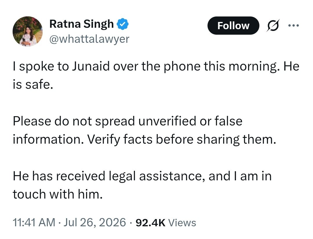 darab_farooqui's tweet photo. Dear @Cockroachisback, @SauravDassss, @abhijeet_dipke, @whattalawyer and @AshutoshRanka,

There are two things happening here.

1. CJP is claiming (screenshot 3) that you are all in touch with Junaid, that everything being said about him is false, and that he is receiving legal assistance and being taken care of.

2. But every video of Junaid that surfaces (Videos 1 and 2, attached) tells a different story. In his own words, Junaid is in tears, talking about being abandoned.

These two accounts are poles apart. One of them is not true. And we want to be fair to you.

So the simplest thing to do is to post a video with Junaid in which he says what you are trying to say. Let him speak for himself rather than have others speak for him. His crying videos are breaking our hearts. Please stand beside him and record a short video.

The whole country is watching with bated breath, and we expect better from you.

This is not the time to blame anyone. It's possible you are doing everything you can. It's possible there has been a miscommunication. But this needs to be handled sensitively and with humanity.

Thank you.