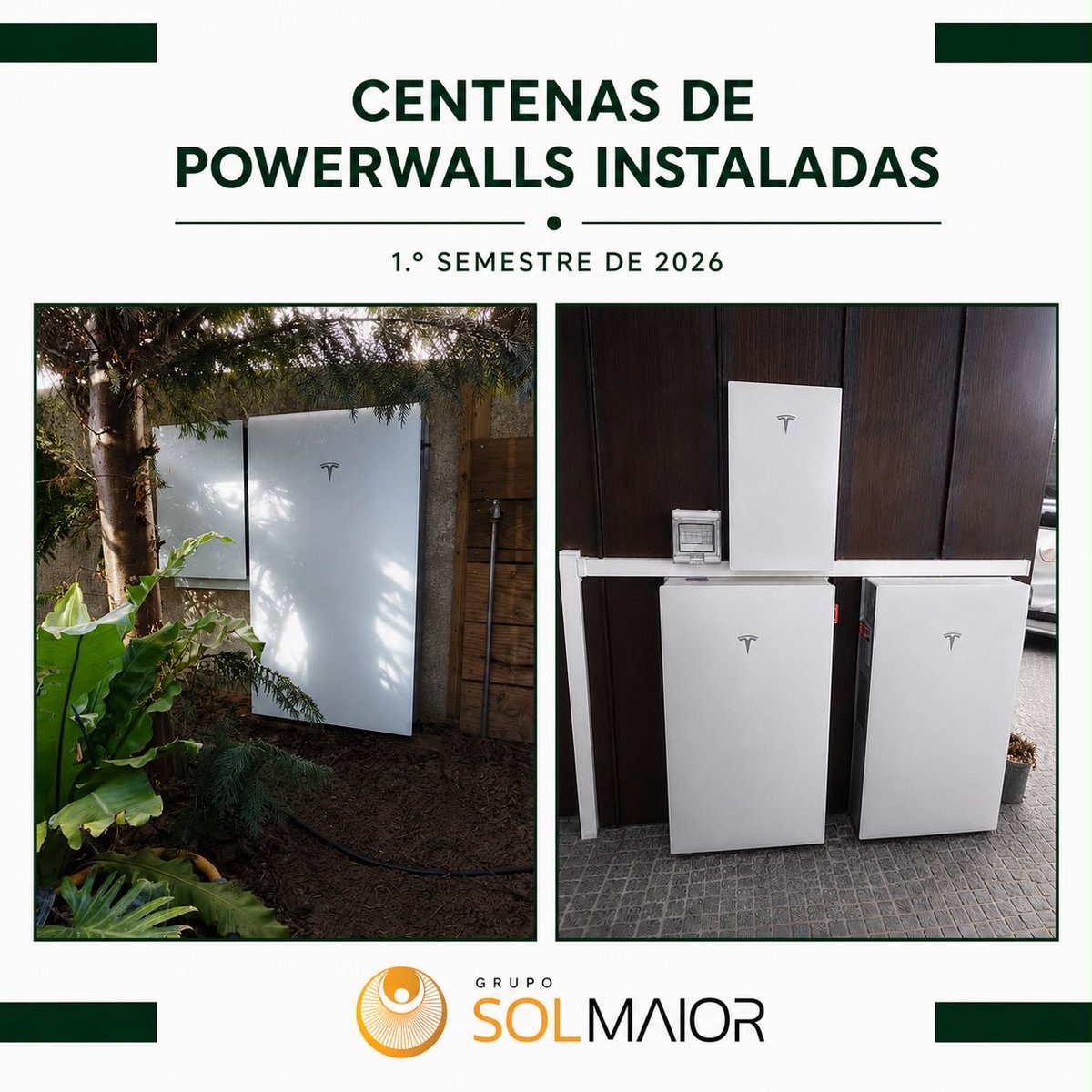 SolMaior_X's tweet photo. 🔋 Centenas de #TeslaPowerwall instaladas no 1.º semestre de 2026!
As equipas da Solmaior continuam a percorrer o país para levar autonomia energética e sustentabilidade a famílias e empresas.
Continuamos a ligar Portugal à energia do futuro. ⚡🇵🇹
#Solmaior #EnergiaSolar https://t.co/SJr8Tqfxsw