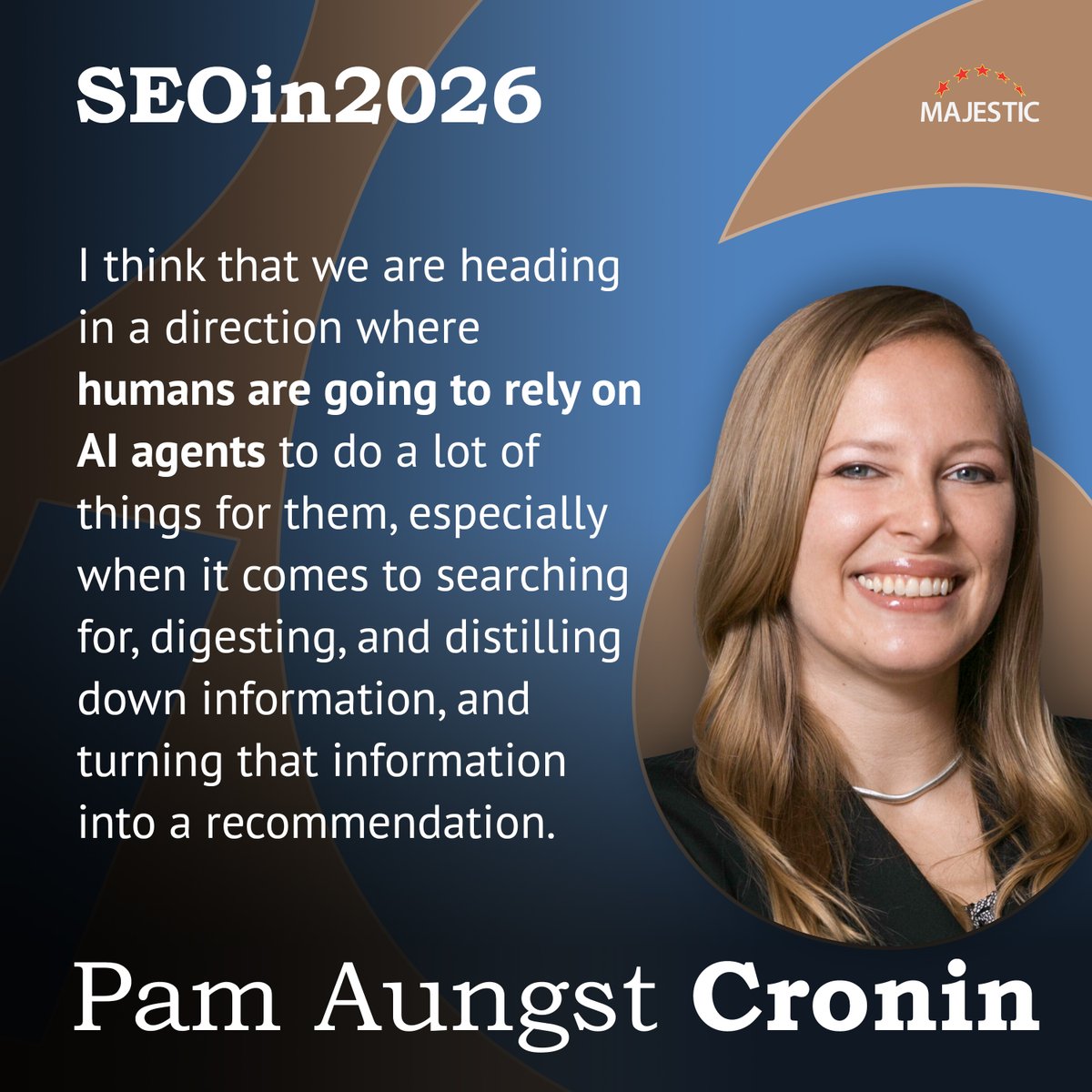 Majestic's tweet photo. Pam Aungst Cronin believes that humans are going to rely on AI agents to do a lot of things for them, especially when it comes to searching for, digesting, and distilling down information, and turning that information into a recommendation.

https://t.co/HlAjyyGdkO https://t.co/9zoHNJTEE5