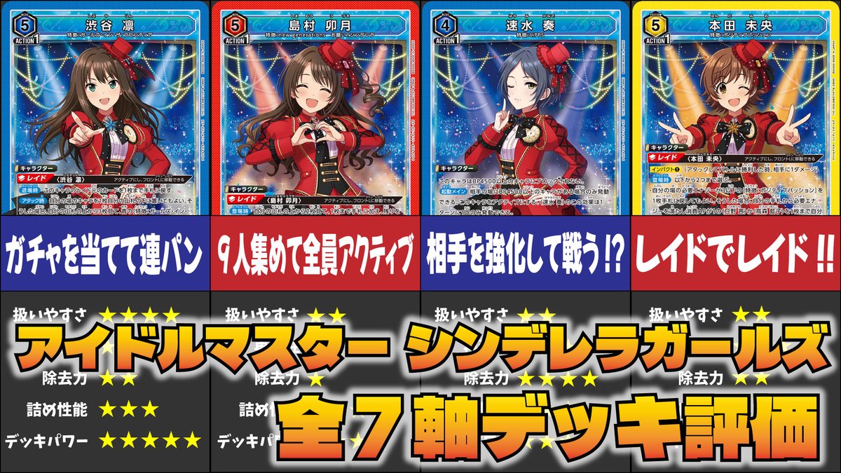 trkouniaresnknb's tweet photo. 新弾 デレマスのデッキ評価予想の動画を公開しました！

ぜんぜん違うじゃん！？
当然の結果です。

【ユニオンアリーナ】「アイドルマスター シンデレラガールズ」全7軸のデッキを解説＆ガチ評価!!【ユニアリ】【デッキ評価】 https://t.co/FxGDXgzNDK @YouTubeより https://t.co/vuZ4uqEOho