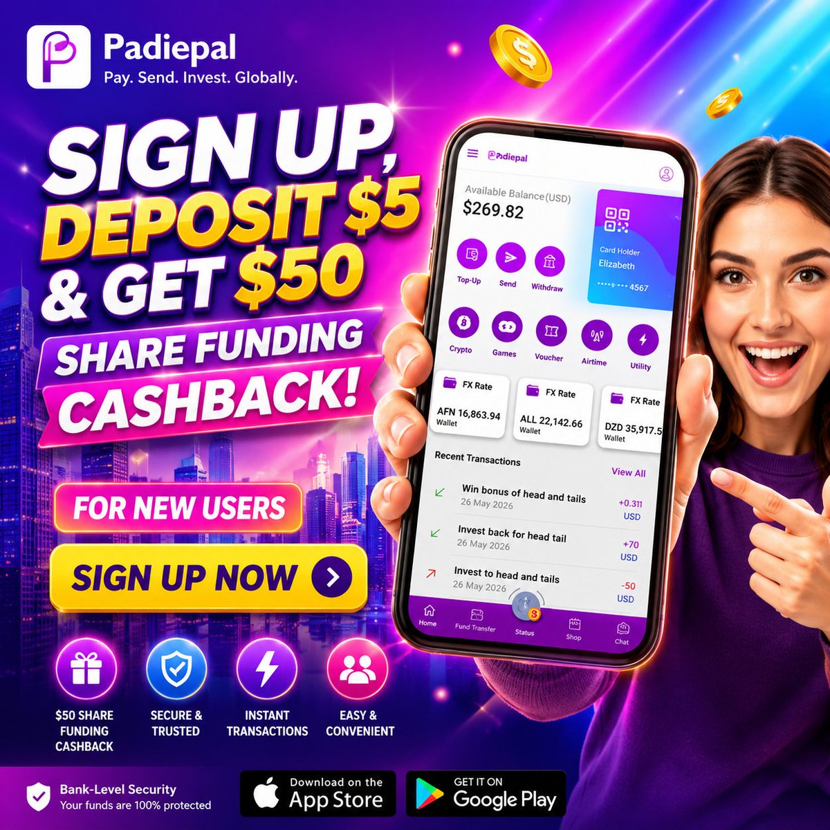 PadiePal's tweet photo. Start your Padiepal journey today.

Deposit just $5 and unlock $50 Share Funding Cashback for new users.

Secure payments.
Global transfers.
Available on Android &amp; iPhone.
🌍 https://t.co/4uWQWwm4z0
#Padiepal #Fintech #Cashback https://t.co/mV5VzH3phr