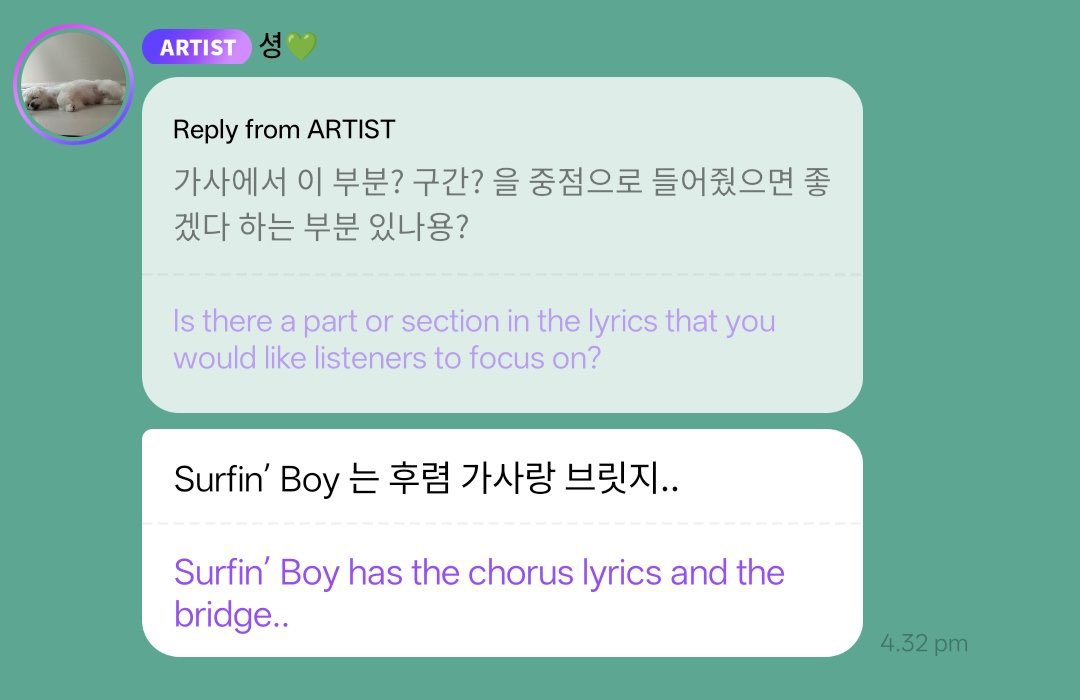 joyshoneyvoice's tweet photo. A fan asked Joy on Bubble a few days ago btw!!!

Fan: Is there a part in the lyrics that you want me to focus on?

Joy 💚: For Surfin' Boy, the chorus and the bridge.. https://t.co/qAl8LVm8bO