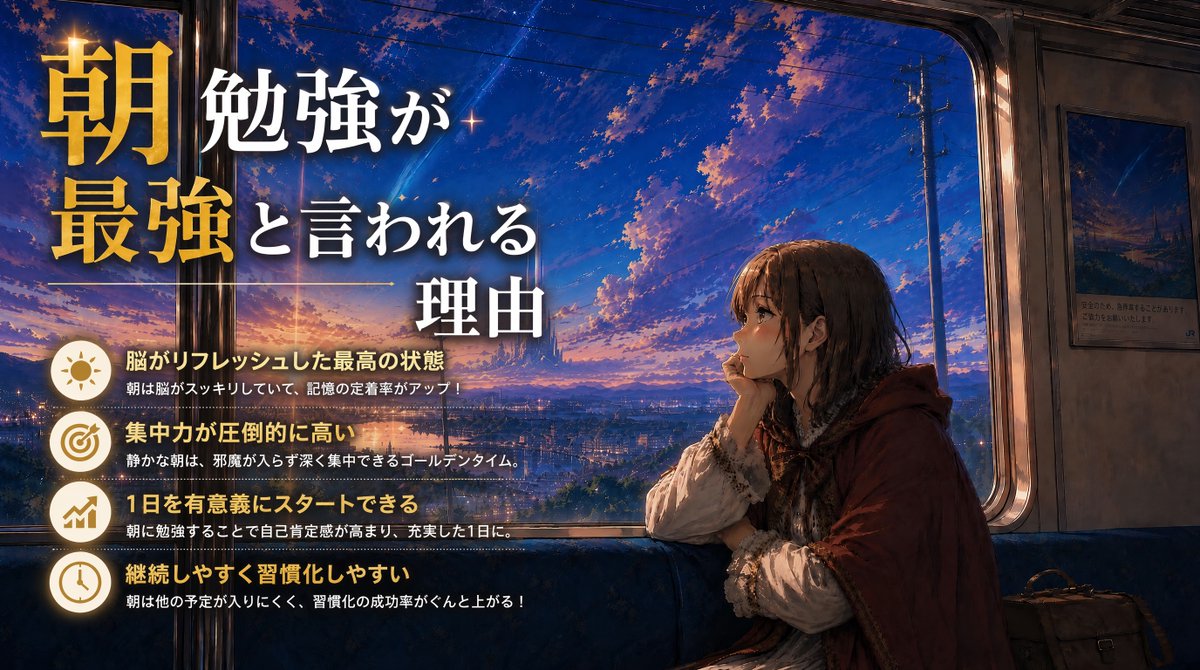 good_sleep44's tweet photo. 🌅 朝勉強が最強と言われる理由
起きてから約2〜3時間は、脳がもっとも集中しやすいゴールデンタイムと言われています🧠✨
朝に25分だけでも勉強すると、1日のスタートが変わります。
私は朝のお供にLo-fi BGMを流して集中しています🎧
#勉強法 #朝活 #ポモドーロ #作業用BGM #lofi https://t.co/RJteSCMwqo