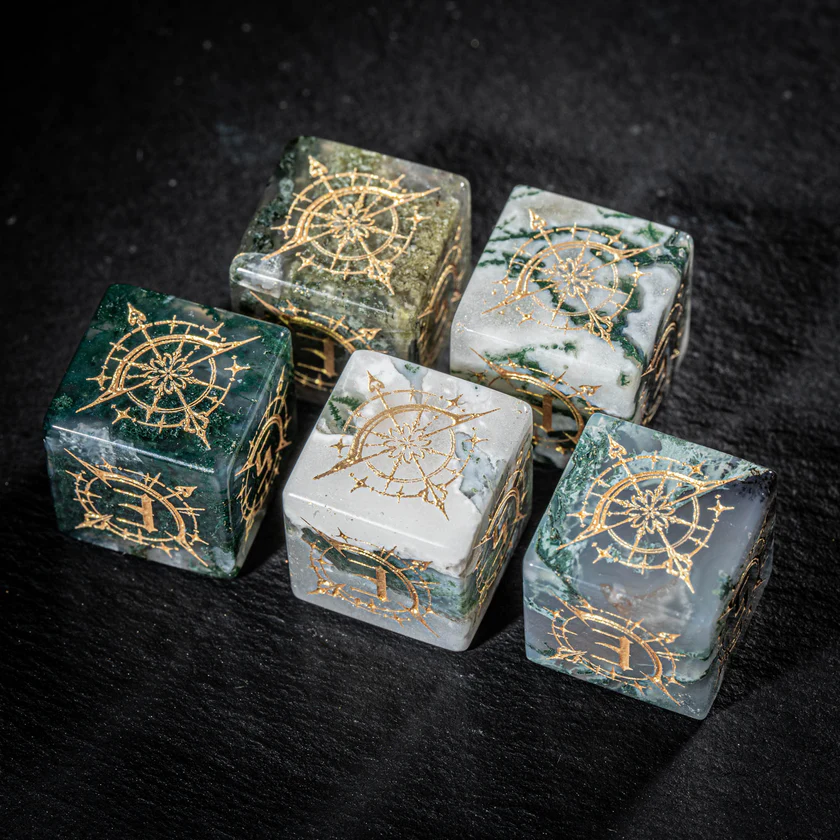 urwizards's tweet photo. Your party finds these in an abandoned elven shrine.
Moss Agate dice with golden bow engravings, made for rangers, druids, and anyone who trusts the forest more than the king.

#dnddice #ttrpgdice #gemstonedice #dicegoblin #dungeonsanddragons #ranger #druid #dicecollection https://t.co/aFBpanKdTB