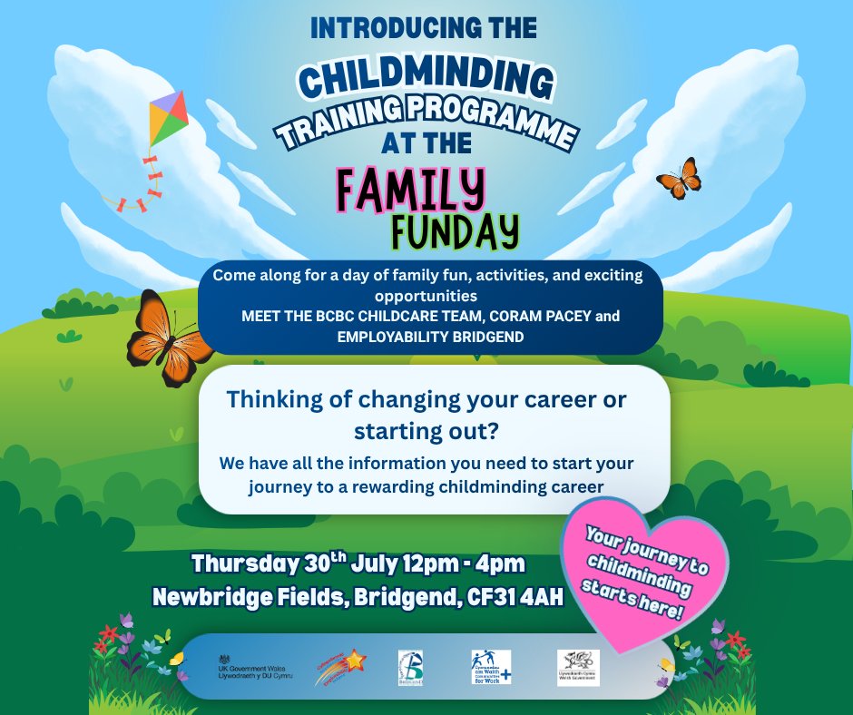 BridgendCBC's tweet photo. Have you ever thought about a career in Childminding?

Our Employability team are hosting a Family Funday, where you can find out all about their Childminding Training programme!

📆 Thursday 30 July
⏰ 12noon – 4.00pm
📌 Newbridge Fields, Bridgend https://t.co/e915vB7yFe
