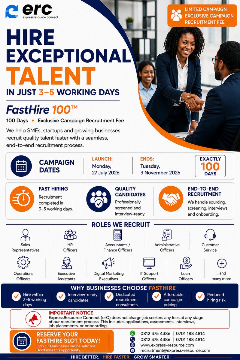 expressconnect's tweet photo. Hiring shouldn't take forever.

With FastHire 100™, your business can recruit professionally screened, interview-ready candidates in just 3–5 working days.

We're partnering with only 100 businesses.

📞 0812 375 4386 | 0701 188 4814

#FastHire100 #SMEs #HR #RecruitMe https://t.co/QvdGJosmVW
