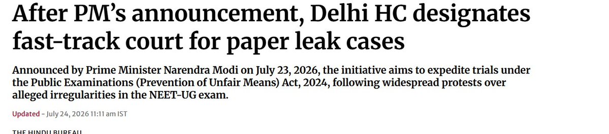 abhinaymaths's tweet photo. 2024 #NEET #Paper Leak का जब खुलासा हुआ तो संजीव मुखिया को #मास्टरमाइंड बताया गया और CBI जाँच शुरू हो गई। 90 दिनों में चार्जशीट फाइल नहीं कर पाई CBI, उसके बाद उसे डिफॉल्ट बेल मिल गई।

2026 में जिस वक्त नीट पेपर लीक का मामला टॉप पर चल रहा था, देशभर में छात्रों का प्रदर्शन हो रहा था।

जिस वक्त सरकार यह कह रही थी कि पेपर लीक कानून को और सख्त करेंगे, 10 साल तक की सजा देंगे, ₹10 करोड़ तक जुर्माना करेंगे और फास्ट ट्रैक कोर्ट बना देंगे, उसी बीच यह खबर आती है कि नीट यूजी 2024 #पेपर लीक में पकड़े गए मास्टरमाइंड संजीव मुखिया की भूमिका साबित करने के लिए पर्याप्त सबूत नहीं मिले। मतलब सबूत ही नहीं मिले। उसे बरी कर दिया गया। उसके खिलाफ कोई एविडेंस नहीं है।

तो अब जो सरकार ने यह #fasttrackcourt बनाया है, जिसकी आप देख रहे हैं कि आज पहली सुनवाई में ही #CBI का वकील नहीं पहुँचा, तो मेरा बस सरकार से यह पूछना है कि आप लाख फास्ट ट्रैक कोर्ट बना लो, आप कड़ी से कड़ी सजा दे दो। जब आप सही आदमी को ही नहीं पकड़ पा रहे हो, या उस आदमी को नहीं पकड़ पा रहे हो जो गलत कर रहा है, तो सजा किसको दोगे भाई?
 #Neetpaperleak #educationsystem  @narendramodi
