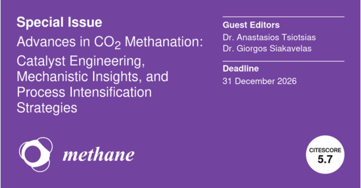 Methane_MDPI's tweet photo. 🔬This Methane Special Issue dives into turning CO₂ into renewable methane – a promising pathway to a carbon‑neutral future. 

Edited by Dr. Tsiotsias &amp; Dr. Siakavelas. 

📅 Submit by 31 December 2026 

🔗https://t.co/bL6rZHHl2Z 

#CO2Methanation #PowerToGas #Catalysis https://t.co/5ldQSAXN2j