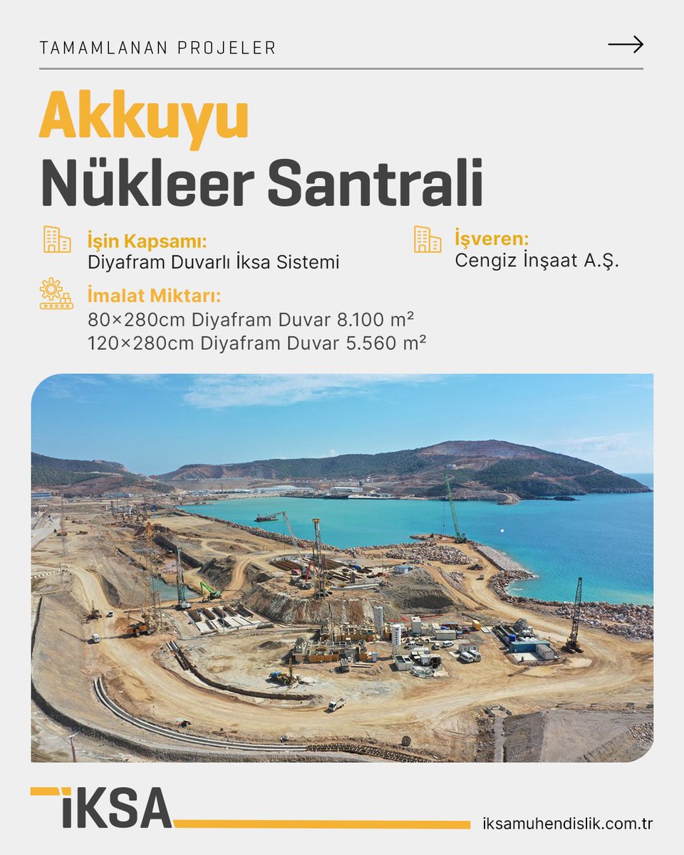 IksaMuhendislik's tweet photo. Akkuyu Nükleer Santrali Diyafram Duvar Operasyonları

Akkuyu Nükleer Santrali projesinin inşaat sürecinde, güvenli zemin ve altyapı koşullarının oluşturulması amacıyla yürütülen diyafram duvarlı iksa sistemi operasyonları tamamlanmıştır... https://t.co/xIGcKKi2sh