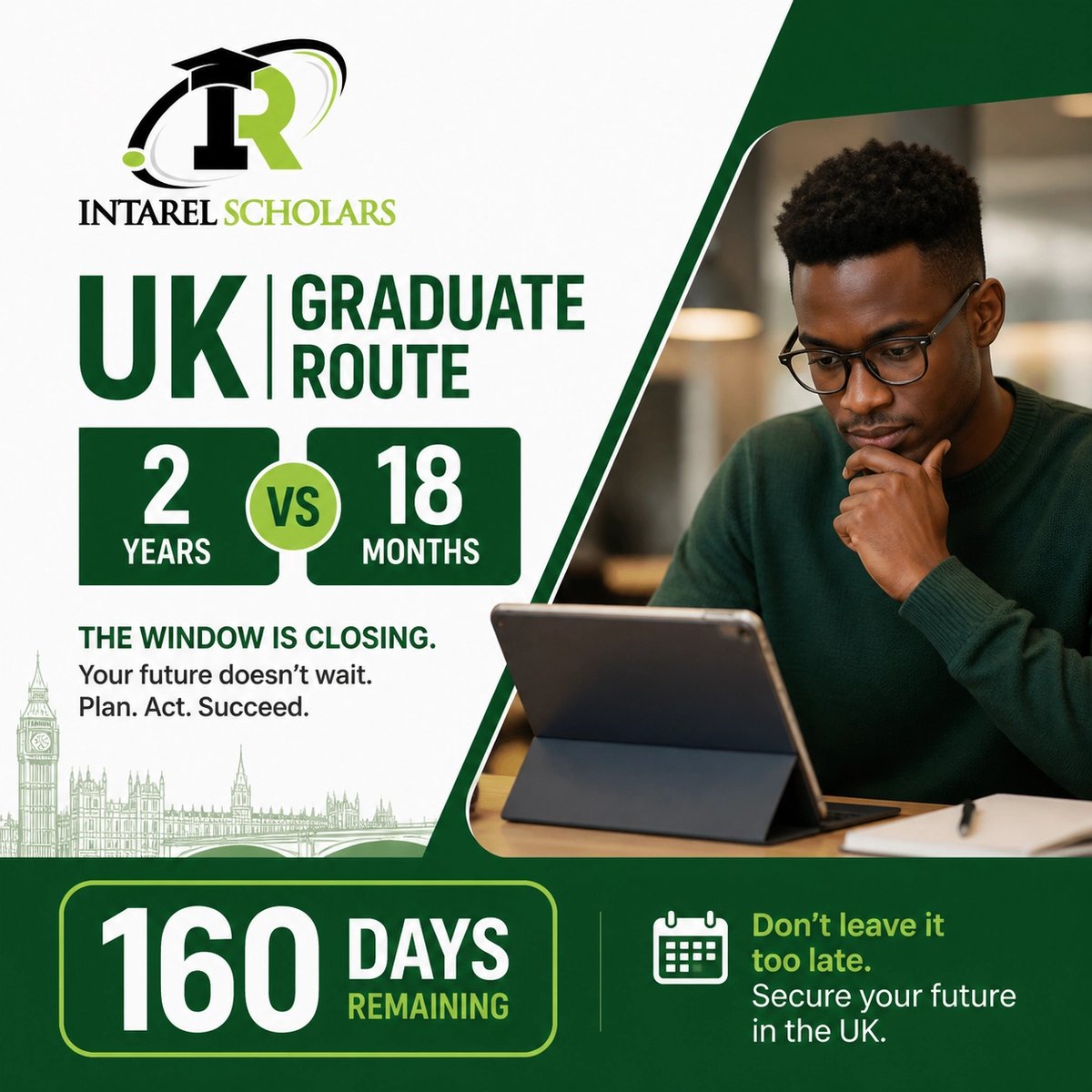 intarelscholars's tweet photo. Did you know the UK Graduate Route is dropping to 18 months? 160 days left. 2 years vs 18 months. Don't lose 6 months of your future.
Immigration rules can change.
DM 'VISA' now. 📲
#intarel #UKStudyVisa https://t.co/A2yXlYYBK8