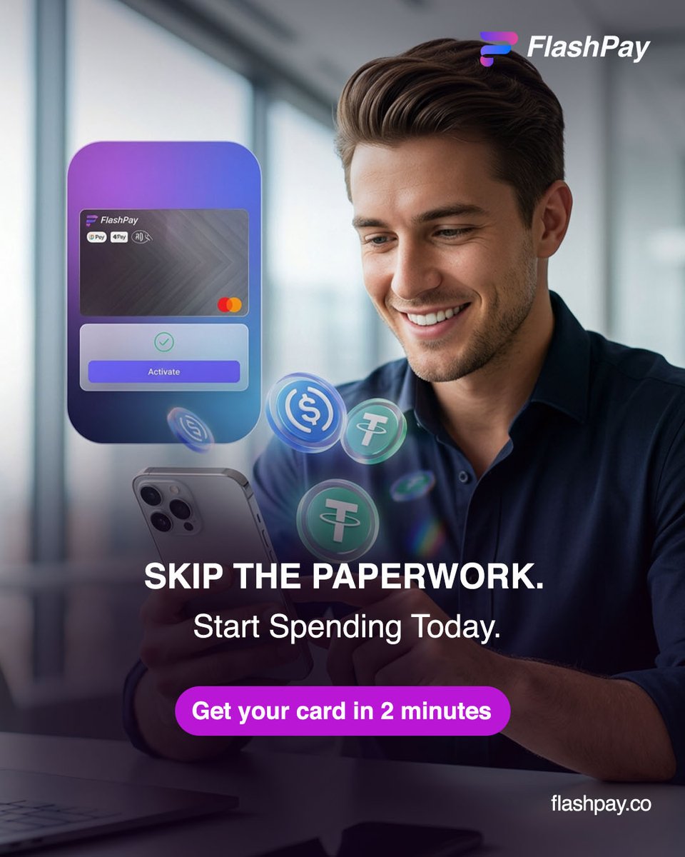 flashpay_card's tweet photo. Your crypto shouldn't come with endless forms or long waiting times.

From signup to spending, FlashPay gets you started in just minutes.

Less paperwork. More freedom.

🌐 https://t.co/xuLRyQuC9B 

#FlashPay #CryptoCard #Fintech #Borderless #SpendCrypto https://t.co/gOhOVj2AXJ
