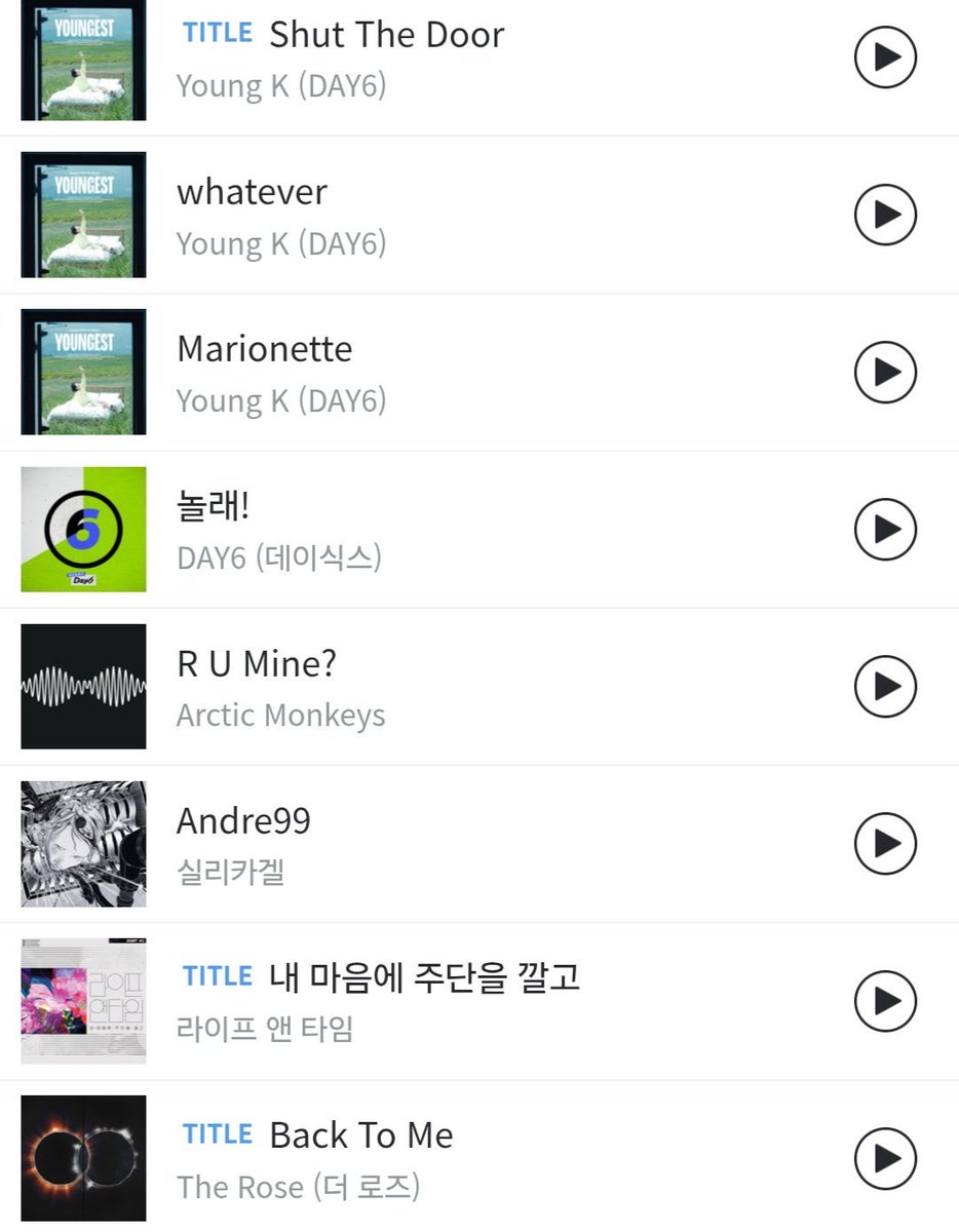 mrsjungchanwoo's tweet photo. YoungK’s playlist on Genie🦊🎧

🎵YoungK - Shut The Door
🎵YoungK - whatever
🎵YoungK - Marionette 
🎵DAY6 - Whatever!
🎵Arctic Monkeys - R U Mine?
🎵Silica Gel - Andre99
🎵Life and Time - Carpet
🎵The Rose - Back To Me
🎵Dragon Pony - Not Out
🎵JUNGWOO - Cloud Cuckoo Land
🎵CHANMIN - Falling
🎵Far East Asian Tigers - In Wandering Times
🎵CORTIS - What You Want
🎵87dance - BLUETOKYO
🎵The Shepherd Bois - I’m gonna be a rockstar, but…