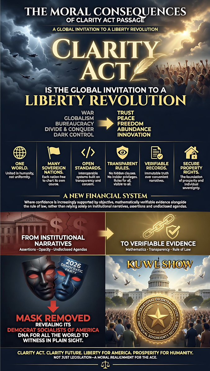 KuwlShow's tweet photo. Clarity Act Debate Leads to DNC Mask Drop, DSA Reality Exposed

The moral consequences of Clarity Act passage is a global invitation to a Liberty Revolution - one where trust, peace, freedom, abundance and innovation replace war, globalism, bureaucracy and the age old, godless practice of divide and conquer to amass dark control. 

One world. Many sovereign nations. Open standards. Transparent rules. Verifiable records. Secure property rights. 

A new financial system where confidence is increasingly supported by objective, mathematically verifiable evidence alongside the rule of law, rather than relying solely on institutional narratives, assertions and undisclosed agendas.

International decentralization and individual-sovereignty restoration are the aspirations and promised effects Clarity Act legislation brings not only to America, but all humanity.  

The 2026 Democrat Party’s mask has been fully removed, revealing its’ Democrat Socialists of America DNA for all the world to see with perfect Clarity.

@DNC @DemSocialists @SenateDems @cityoflondon 

Cc: @POTUS @patrickjwitt @USTreasury @PrometheanActn