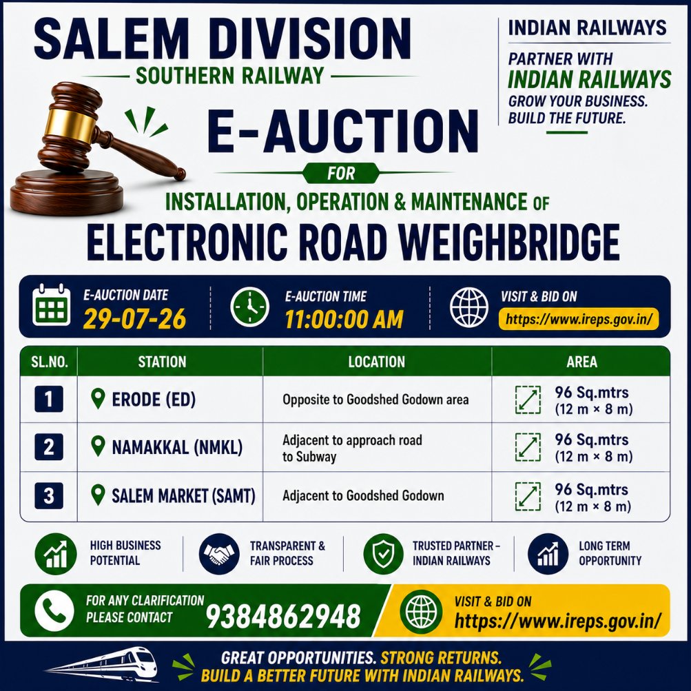 SalemDRM's tweet photo. 🚖 E-Auction
📍 Salem Junction
📍 Tiruppur Station
🗓️ Date: 29.07.2026
⏰
Bid online: https://t.co/KfXlM0ECSy
#IndianRailways #SouthernRailway #SalemDivision #EAuction #IREPS #BusinessOpportunity #TaxiService #AppBasedTaxi #RailwayBusiness #Startup #PublicAuction #Salem https://t.co/xMe1C1pElj