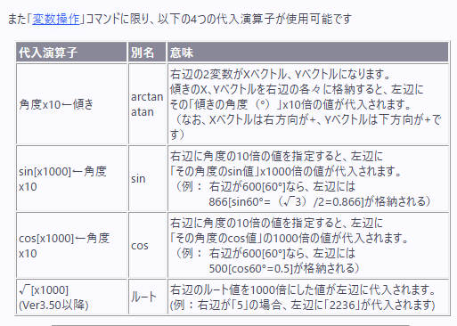 WO_LF's tweet photo. @farmer0919 実はウディタにはすでに「変数操作」コマンドの「代入演算子」内だけに、「角度x10←傾き」という名のやや分かりにくいatan2機能が入ってたりするんですよ……！（という話じゃなかったらすみません！）

すごく便利だったのでまだお使いでなければぜひこちらもお試しください！ https://t.co/m8F0ipfLeP