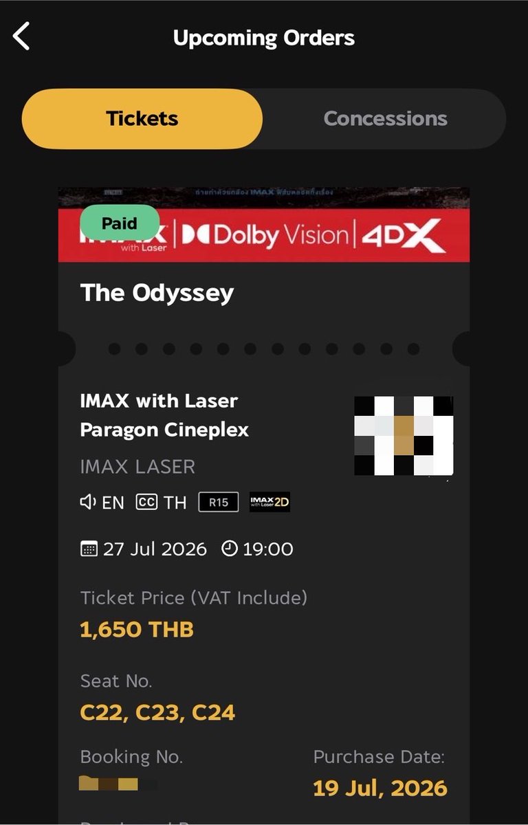 fahisheree's tweet photo. ปล่อยบัตร The Odyssey วันที่ 27 July 19:00 IMAX พารากอน ที่นั่ง C22 1 ที่
550฿ ส่งคิวอาให้ เข้าโรงได้เลย สนใจดีเอมค่า #odyssey #ปล่อยตั๋วหนัง #พารากอน https://t.co/DPW62Brfez
