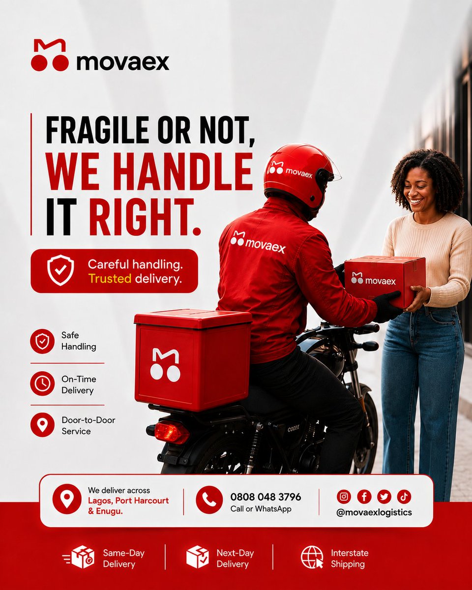 movaexLogistics's tweet photo. Fragile or not, we handle it right. 🛵
✅ Safe Handling
✅ On-Time Delivery
✅ Door-to-Door Service
Serving Lagos, Port Harcourt &amp; Enugu.
📞 0808 048 3796
Happy New Week 
#MondayMotivation #BBNaija #Gamdom
Fabrizio Sheba Real Madrid Fatan Gehgeh Vini Flora https://t.co/vKQZhyb7KR