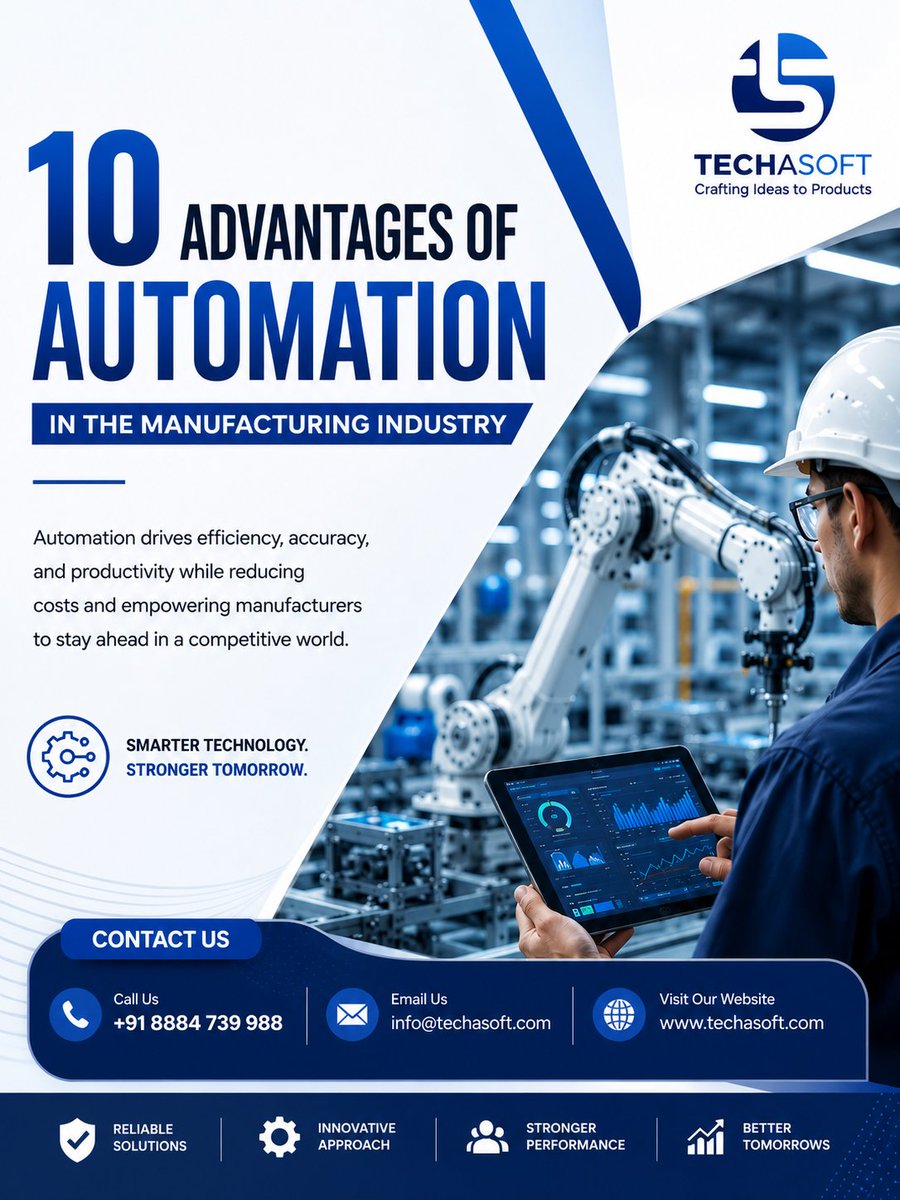 TECHASOFT_BNGLR's tweet photo. Advantages of #Automation in the Manufacturing Industry

The future of manufacturing is smart, connected, and automated. Businesses that embrace automation are achieving higher productivity, improved quality while staying ahead of the competition.

🌐https://t.co/9uNj6sI1WS https://t.co/eMmihtsBHr