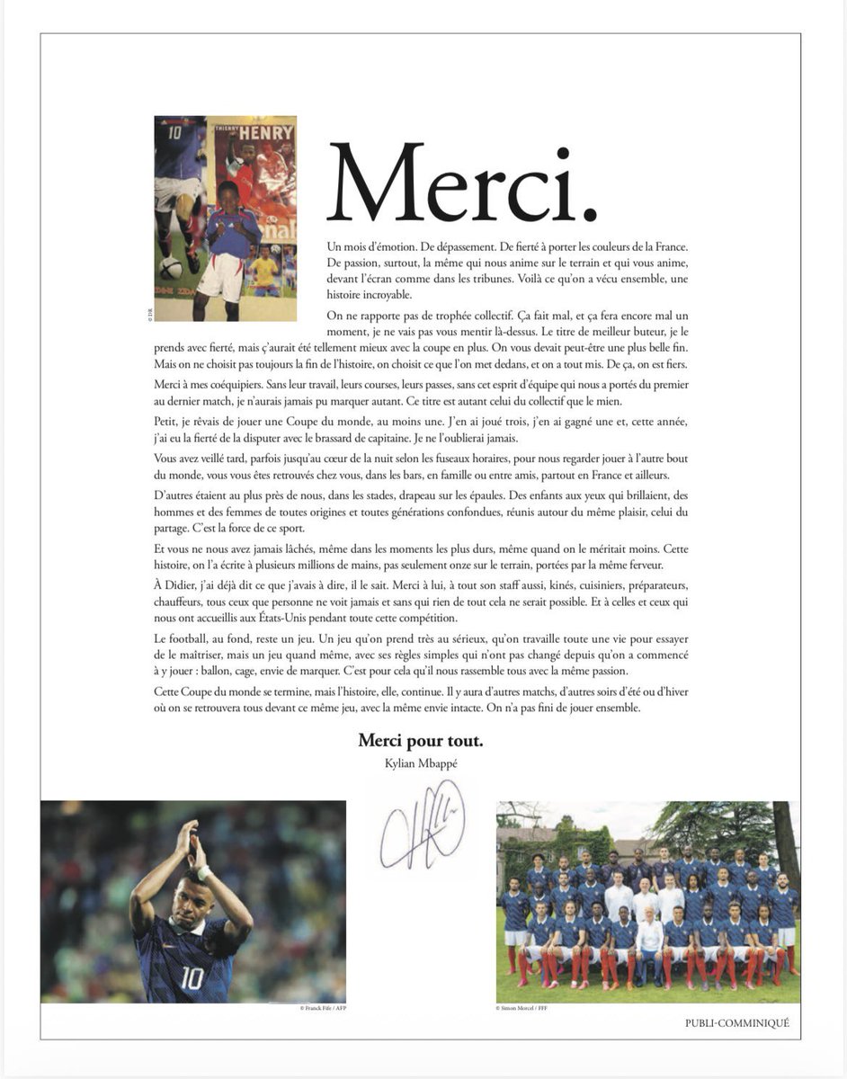 jeromegodefroy's tweet photo. Il s’est acheté une page de publicité dans les journaux pour dire tout simplement « merci ». 

Il ne manque pas d’élégance, notre @KMbappe… https://t.co/WX1Z24Waml