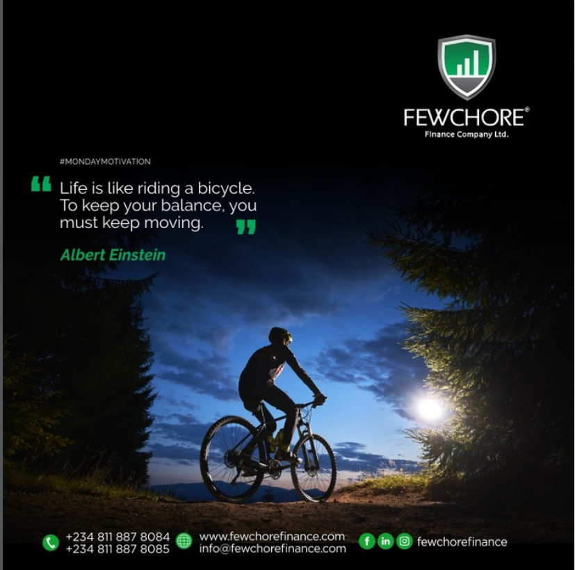 fewchorefinance's tweet photo. Just like riding a bicycle, progress comes from moving forward, not standing still. Whatever your financial goal this week, start today. 

At Fewchore Finance, we're here to help you keep moving toward financial success.

#MondayMotivation #FewchoreFinance #MoveForward #FinancialSuccess